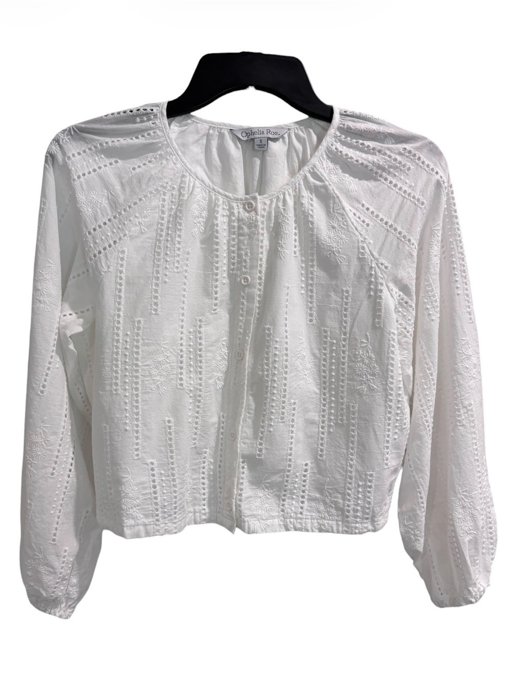 Ophelia Roe White Eyelet Broderie Anglaise Button Front Cropped Blouse Top Small